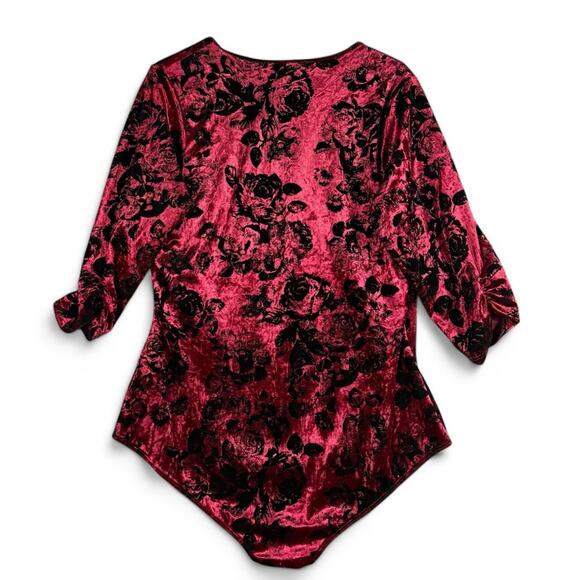 ModCloth Suits You Well Burnout Wrap‎ Bodysuit 1X Crushed Wine Red Velvet Floral - Picture 3 of 9